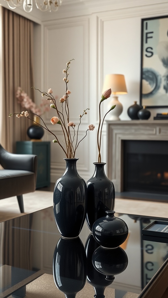 Navy and black decorative vases with branches in a living room setting