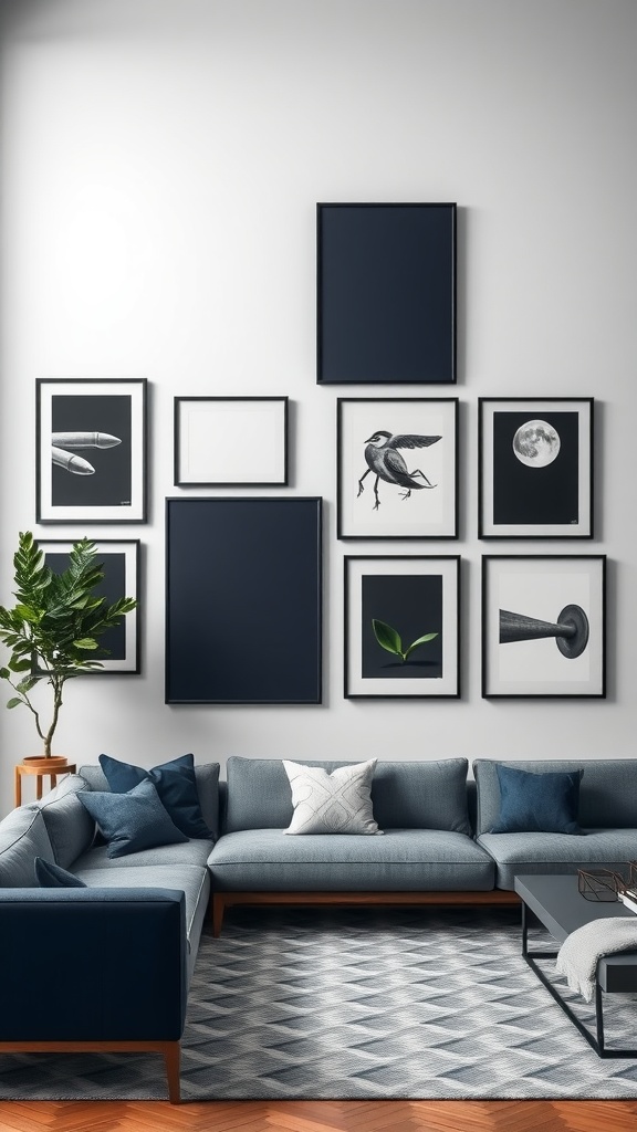 A living room featuring a navy and black gallery wall with various framed artworks, a cozy sectional sofa, and an indoor plant.