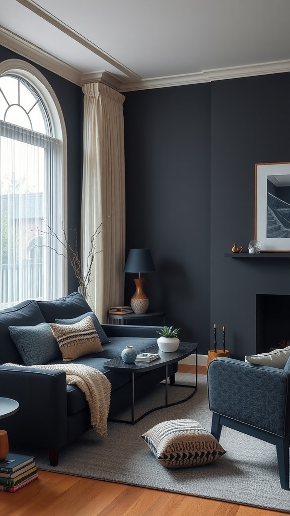 A navy and charcoal living room featuring a cozy sofa, patterned armchair, and natural light