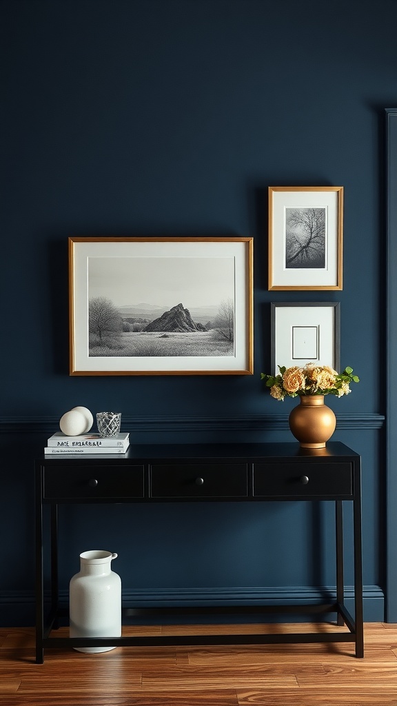 A living room featuring a navy blue accent wall with framed black and white artwork, a black console table, and decorative items.