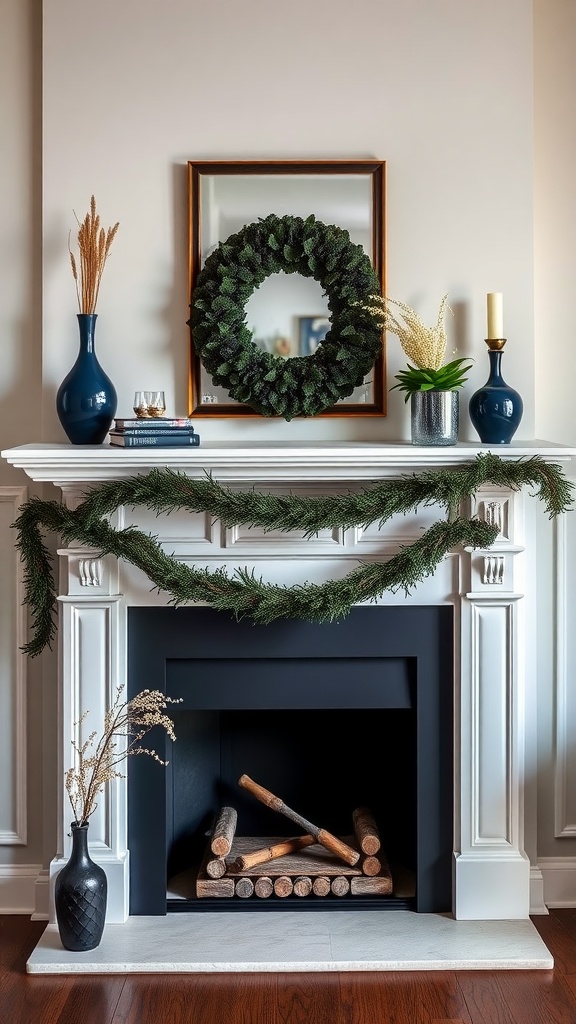 A navy blue and black fireplace mantel decorated with a wreath, mirror, vases, and stacked logs.