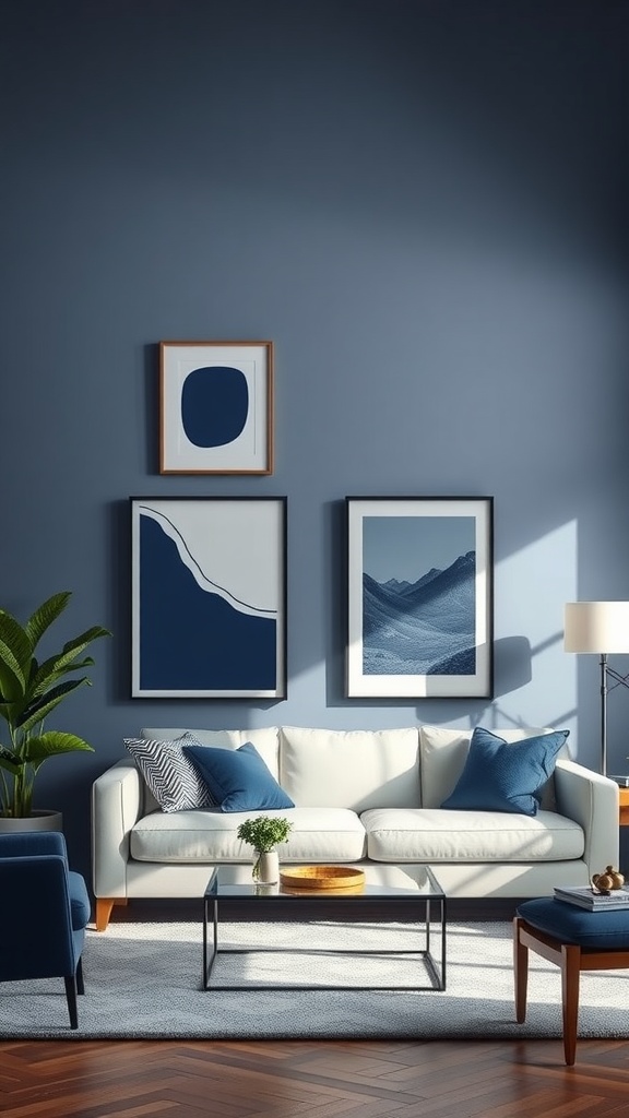 Living room with navy blue artwork on the wall, featuring a light sofa and blue accent chairs.