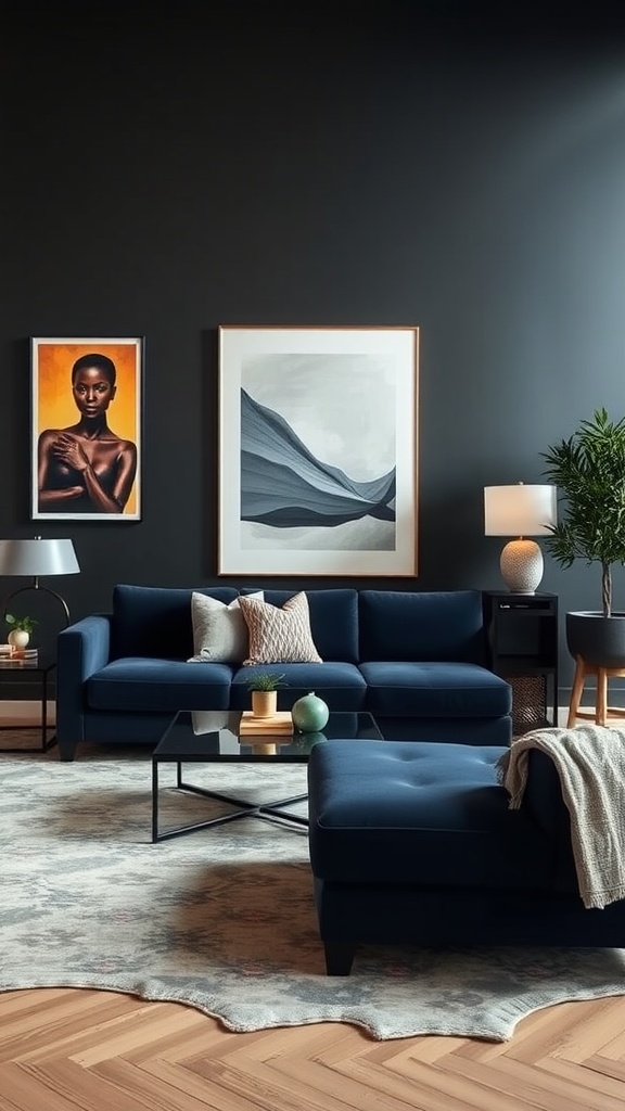 A stylish living room featuring a navy blue sectional, vibrant artwork, and modern decor.