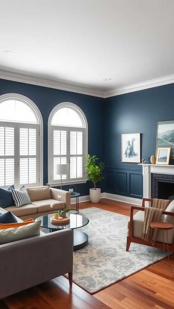 Living room with navy blue statement wall, featuring light furniture and plants.