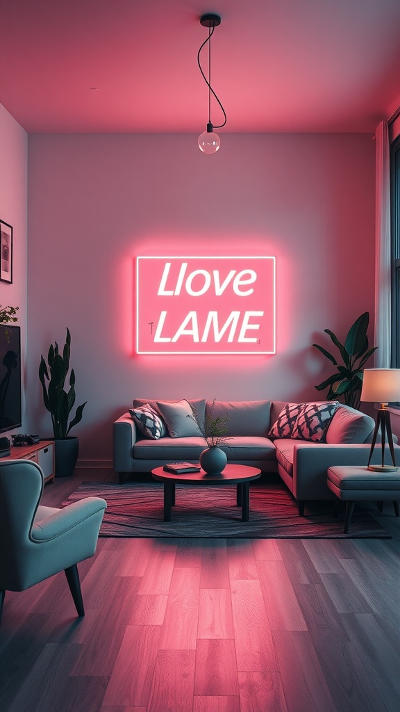 A living room featuring a neon sign that says 'I love LAME', with modern furniture and warm lighting.