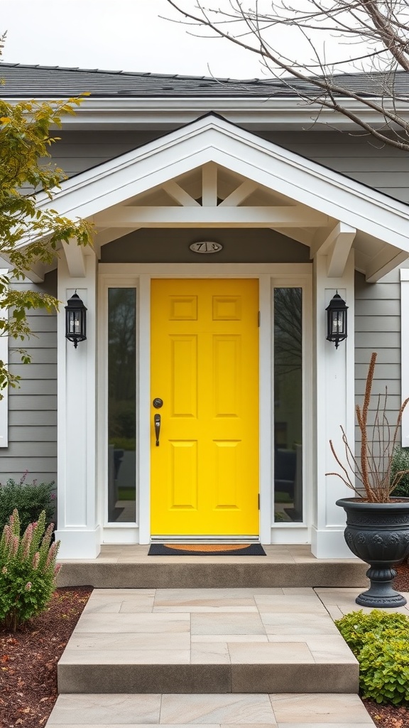 A modern house with a neon yellow front door, gray siding, and stylish outdoor decor.