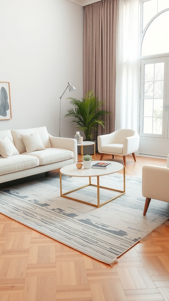 A cozy cream and white living room featuring a neutral-toned area rug, modern furniture, and natural light.