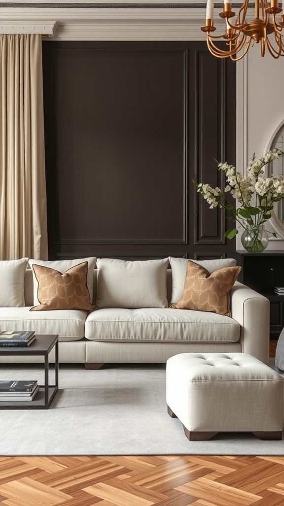 A neutral-toned living room with a light sofa and decorative pillows, featuring a dark wall backdrop and stylish furniture.