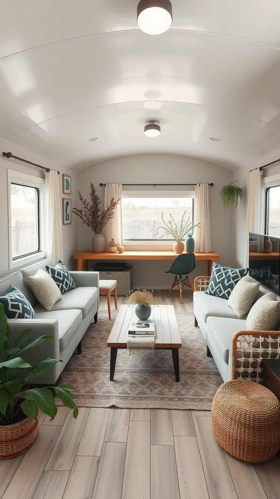 A neutral and nature-inspired living room in a trailer house featuring gray sofas, potted plants, and wooden decor.