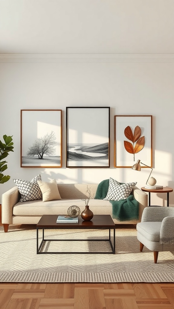 A neutral living room featuring three art pieces above a beige sofa, with a tree silhouette, landscape, and leaf design.