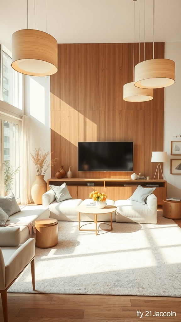 A beige living room with three hanging neutral beige lighting fixtures illuminating a cozy seating area.