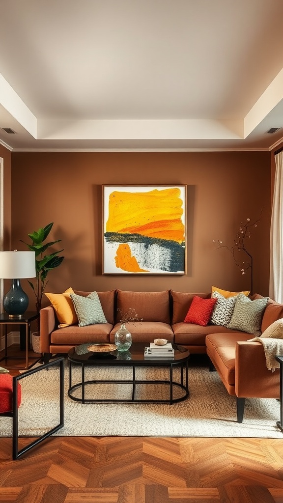 A cozy living room featuring a brown couch, colorful cushions, a bold artwork, and a stylish coffee table on a wooden floor.