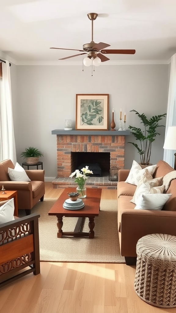 A cozy living room featuring brown sofas, a wooden coffee table, a brick fireplace, and potted plants.