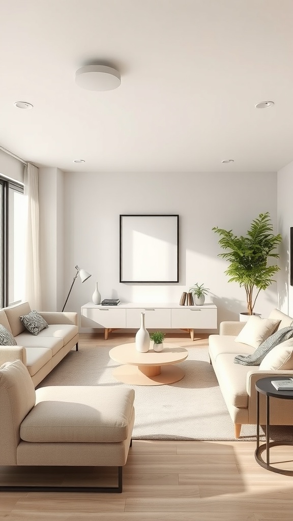 A modern living room featuring a neutral color palette with soft beiges, whites, and natural light.