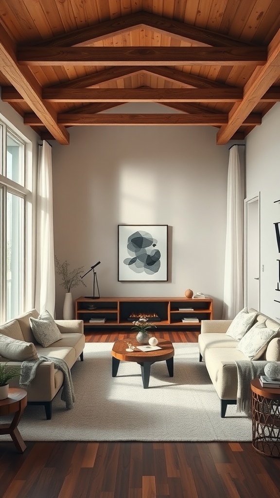 Cozy living room with neutral color palette, wooden beams, and inviting furniture.