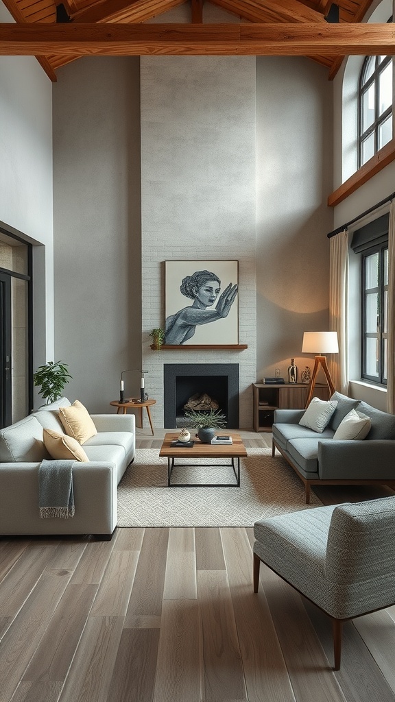 A modern rustic living room featuring a neutral color palette with gray sofas, wooden accents, and natural light.