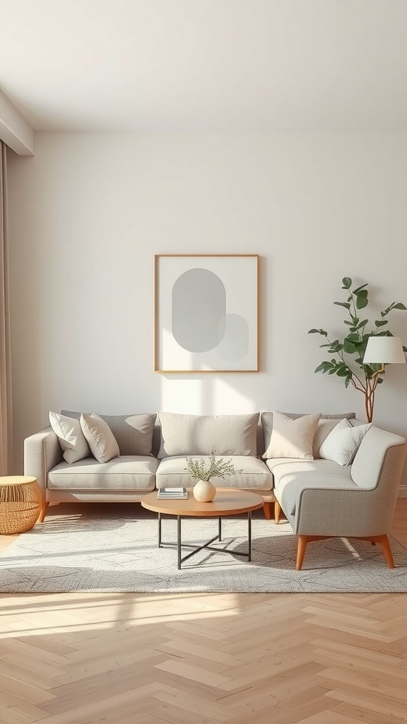 A minimalist bohemian living room featuring a neutral color palette with a gray sofa, wooden coffee table, and a plant.