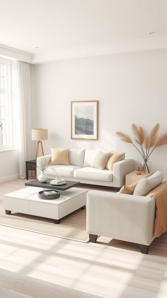 Living room with white and beige furniture, featuring a coffee table and natural light