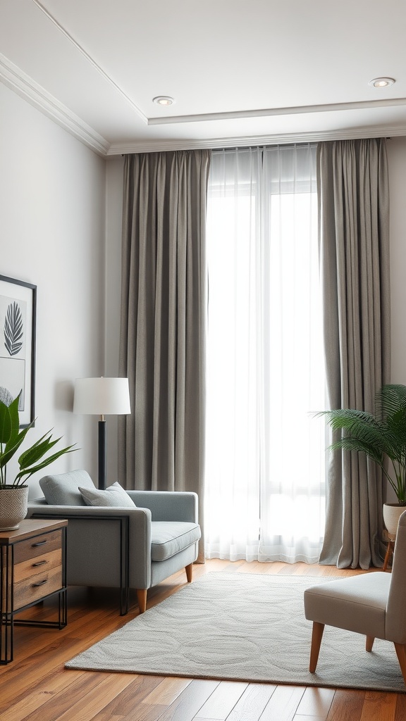 A living room featuring neutral grey curtains, light wooden flooring, and soft grey furniture.