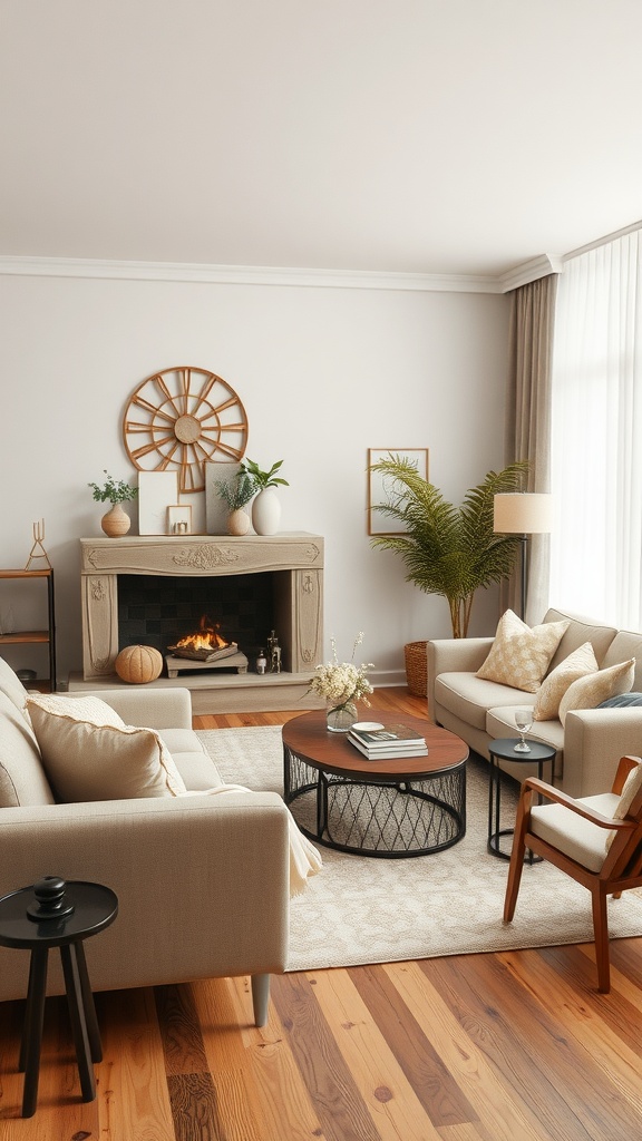 A cozy beige living room featuring soft sofas, a round coffee table, and a welcoming fireplace.