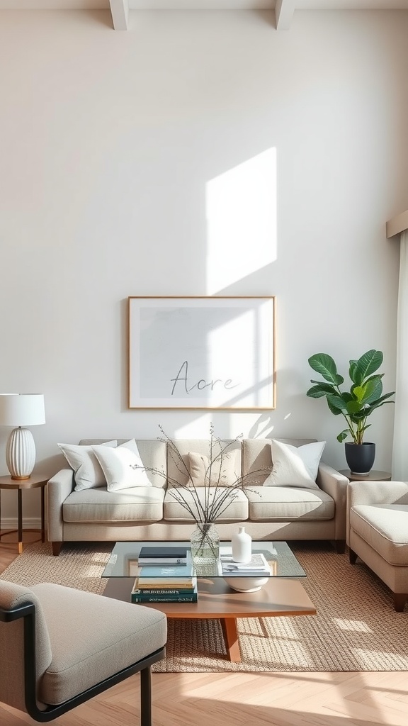 A neutral living room featuring a sofa, coffee table with decorative items, and a potted plant