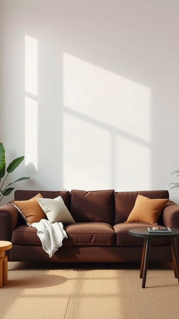 Living room featuring a dark brown sofa with orange and white pillows, a light throw blanket, and a small coffee table