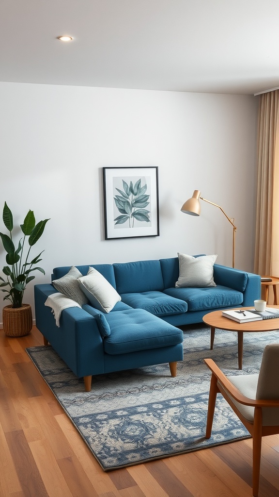 Cozy living room featuring a blue couch, neutral tones, and natural decor elements