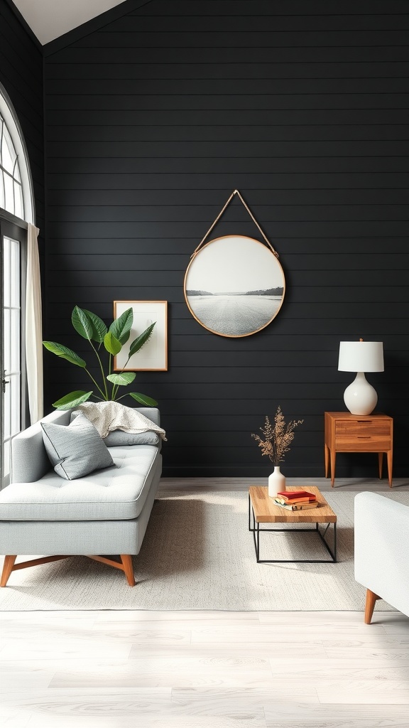 A cozy living room featuring black shiplap walls, a light gray sofa, a round mirror, and various decorative elements.