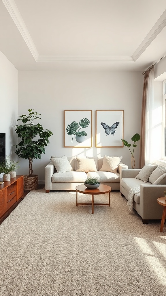 Living room with neutral tones, featuring a beige carpet, light furniture, and plants for a serene environment