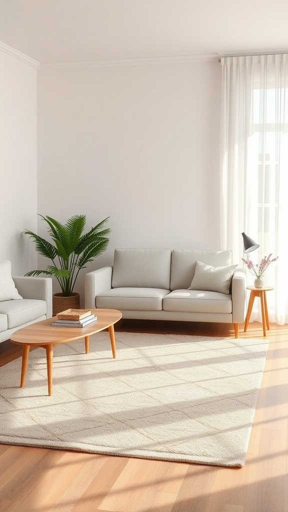 A serene living room featuring a neutral-toned rug, light-colored furniture, and natural light streaming through the windows.