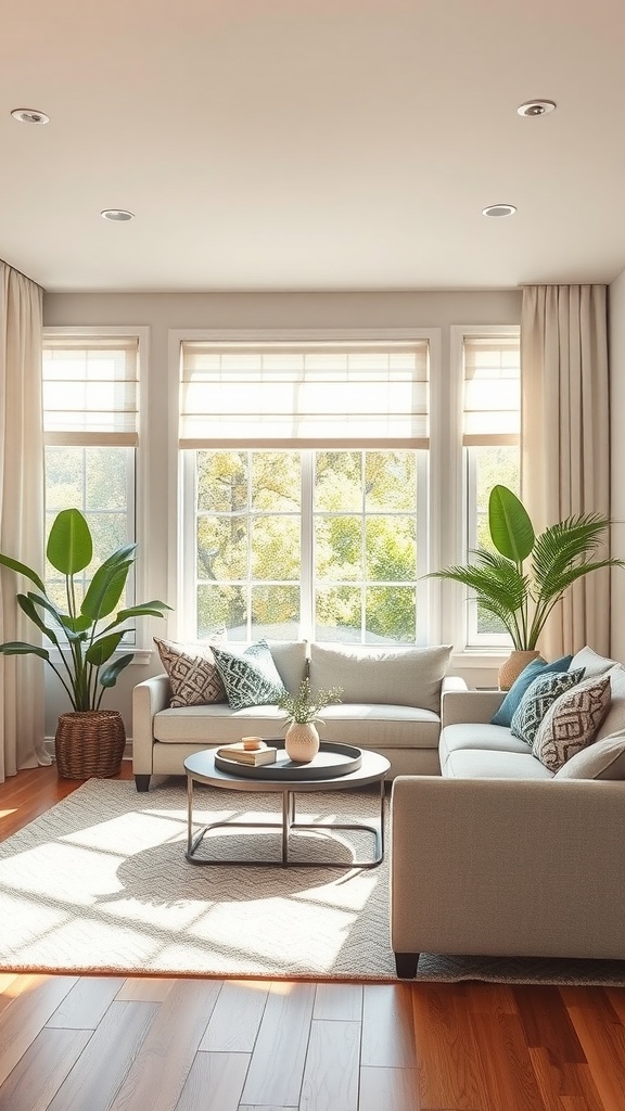 A neutral living room with a cozy couch, plants, and light window treatments.