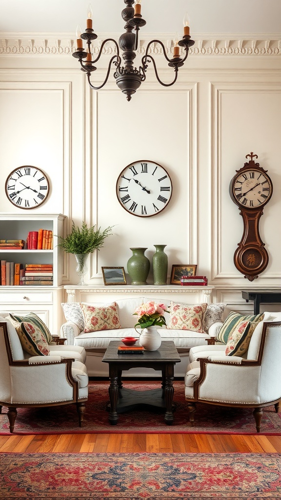 A cozy French country living room featuring nostalgic clock designs, with two round wall clocks and a grand clock, complemented by elegant furniture.