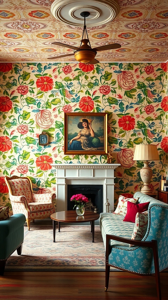 A vintage living room featuring colorful floral wallpaper, a cozy seating arrangement, and a classic ceiling fan.