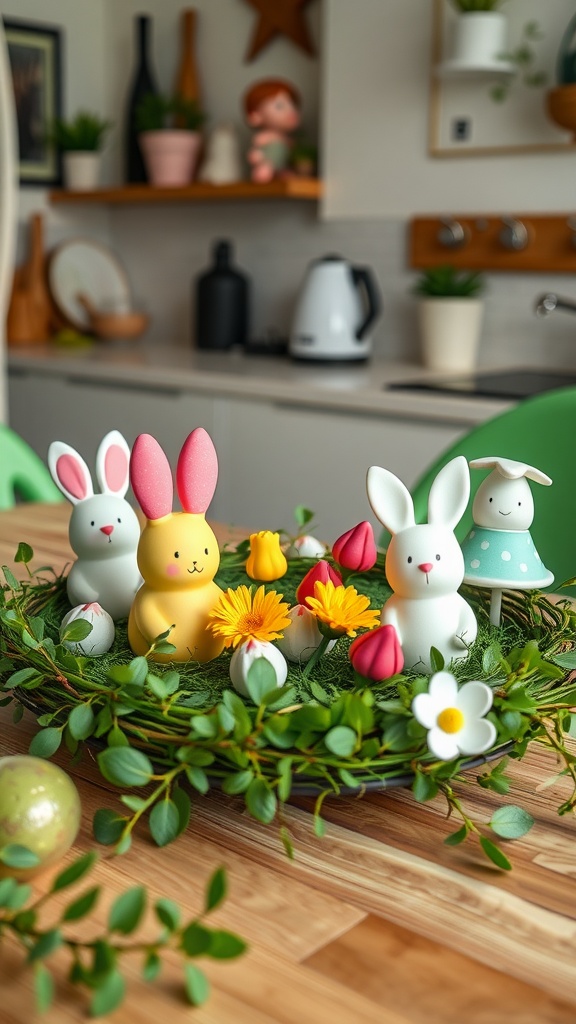 A spring-themed kitchen table centerpiece featuring cute bunny figurines and colorful flowers.