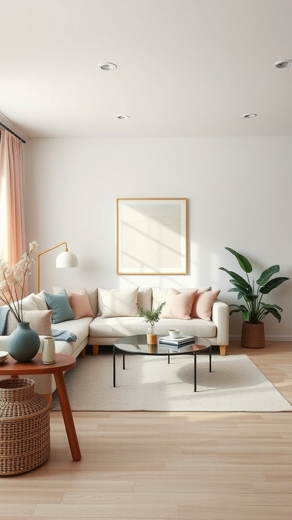 A cozy living room with a light sofa and nude pink cushions, featuring a round coffee table and plants.