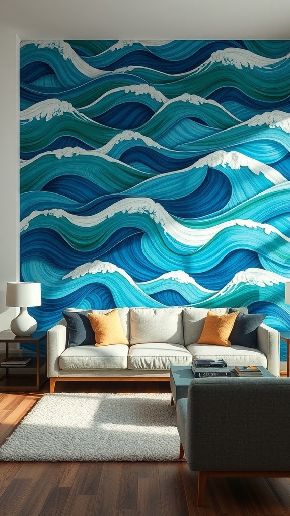 Living room with an ocean wave accent wall, featuring blue and green waves and modern furniture