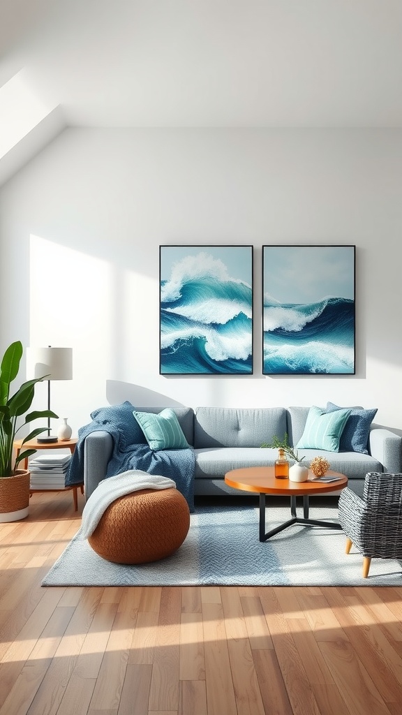 A bright living room featuring ocean wave art, a blue couch, and cozy decor elements.