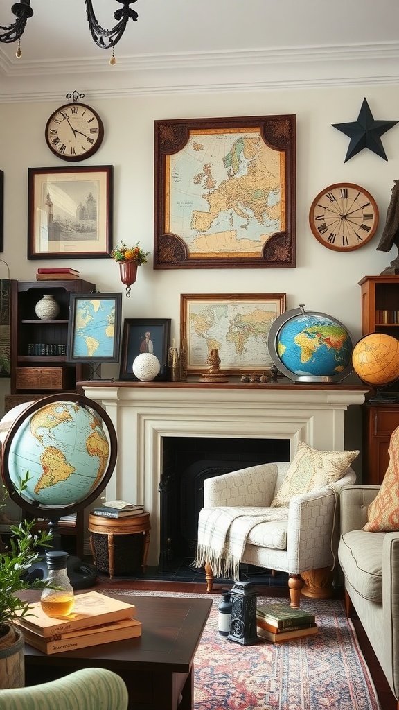 A cozy living room with globes, maps, vintage clocks, and a fireplace, reflecting Old World style decor.