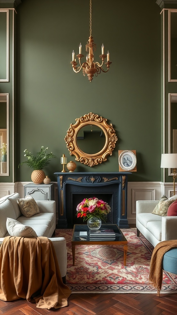 A cozy living room featuring an olive green accent wall with gold decor elements, showcasing elegant furniture and floral arrangements.