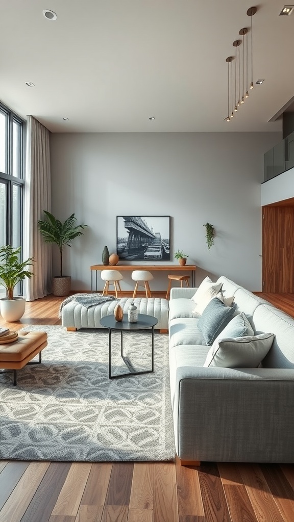 Open-concept living room featuring a light gray couch, a geometric rug, and plants, creating a cozy and inviting atmosphere.