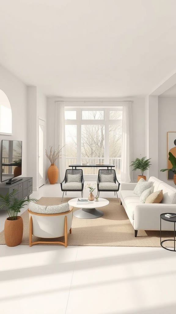 Open-concept cream living room with large windows, cream sofa, black chairs, round coffee table, and plants.