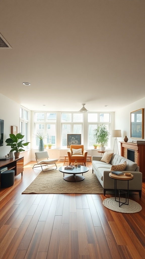 A cozy sunken living room with large windows, modern furniture, and warm wooden flooring.