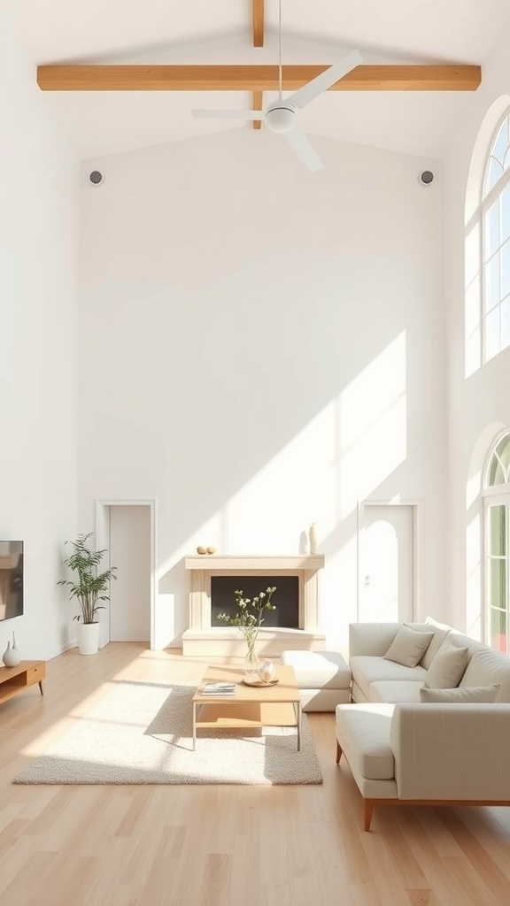 Bright and airy white living room with wooden beams and large windows