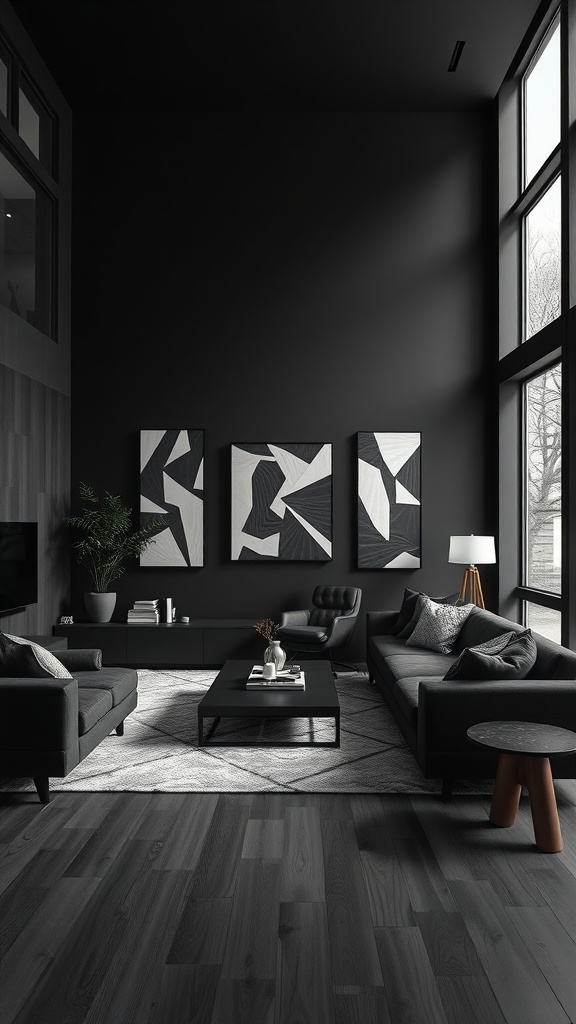 A stylish open concept black living room featuring dark walls, modern furniture, and large windows.