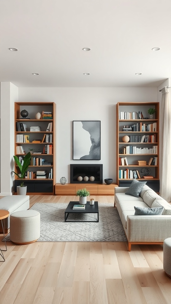 A modern living room featuring open concept bookshelves, light wood flooring, and comfortable furniture.