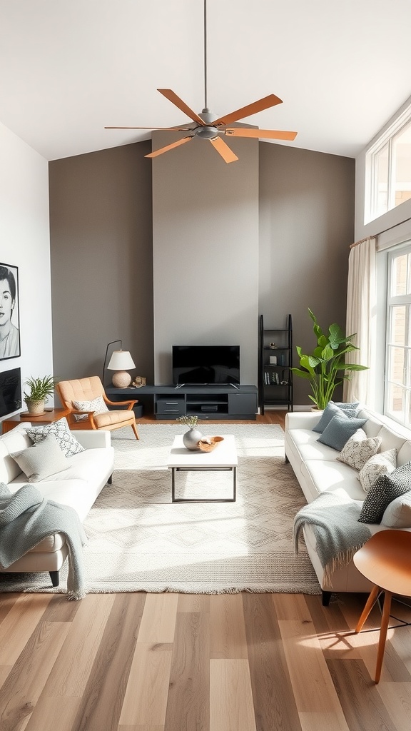 A bright open concept living room featuring two sofas, a coffee table, and natural wood accents.