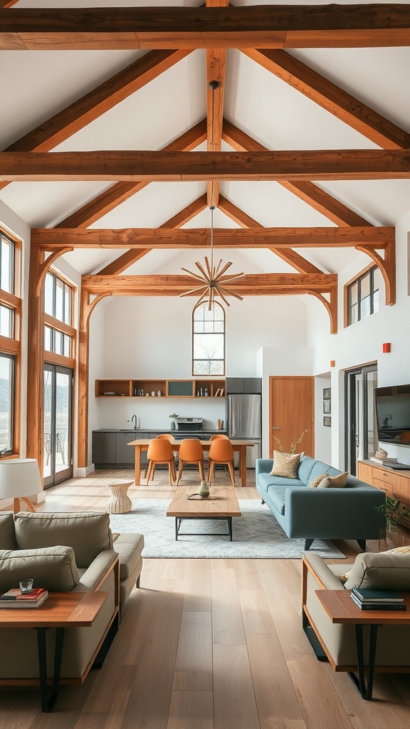 A modern western living room with open concept design featuring wooden beams, large windows, and cozy seating.