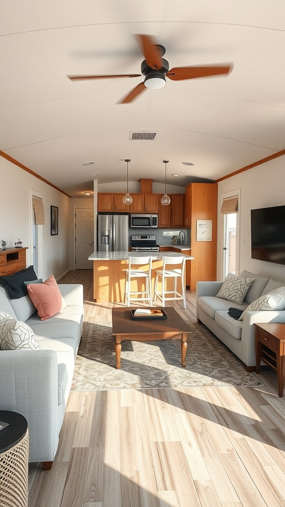 Open concept living room in a mobile home showing comfortable seating and a kitchen area