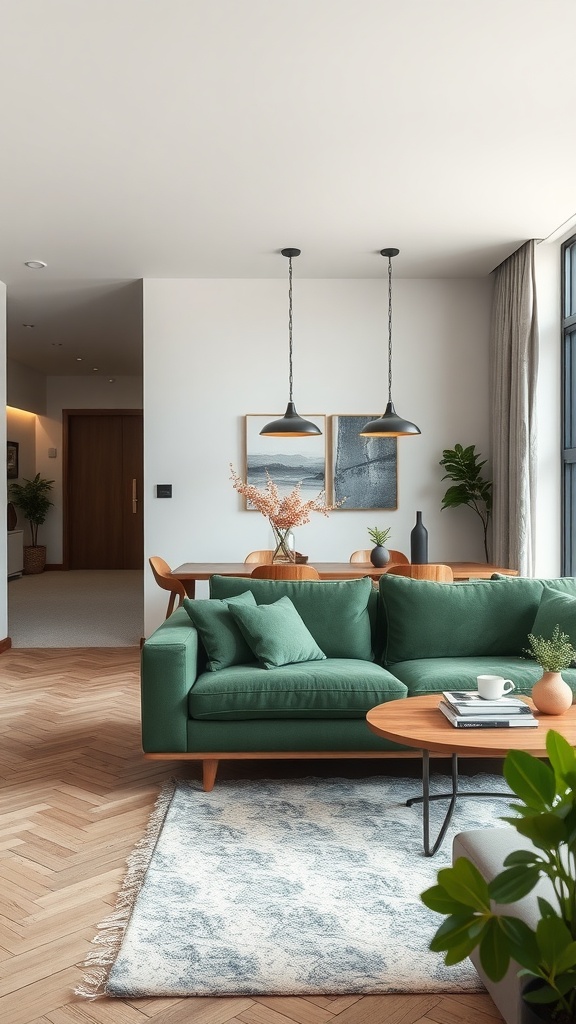 A stylish open concept living room featuring a green sofa, wooden furniture, and a bright atmosphere.