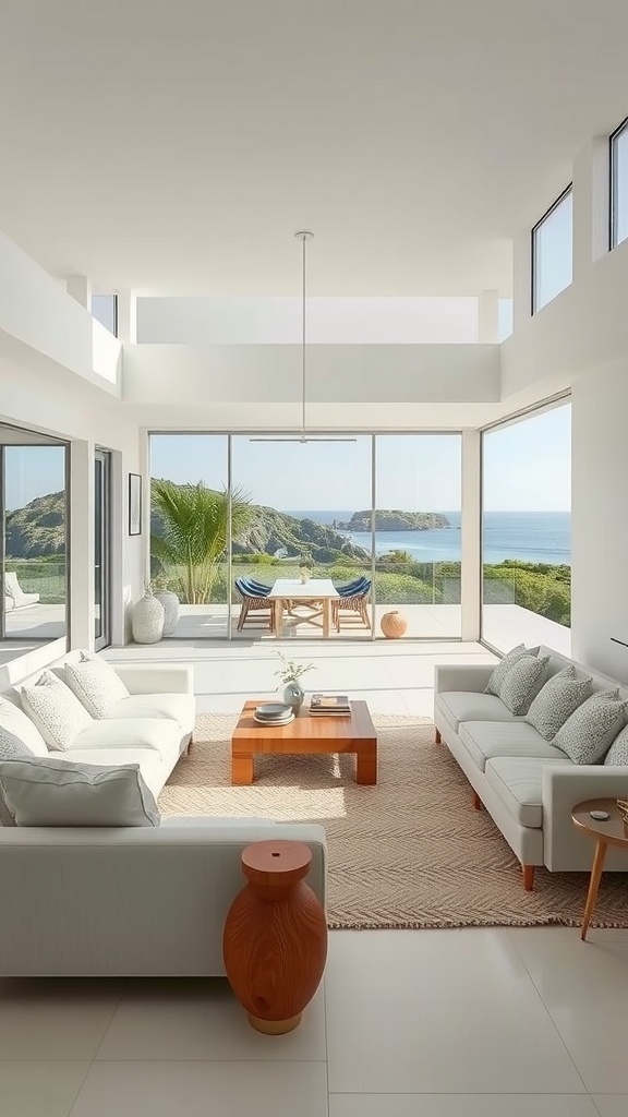 A bright and airy coastal living room with large windows overlooking the ocean